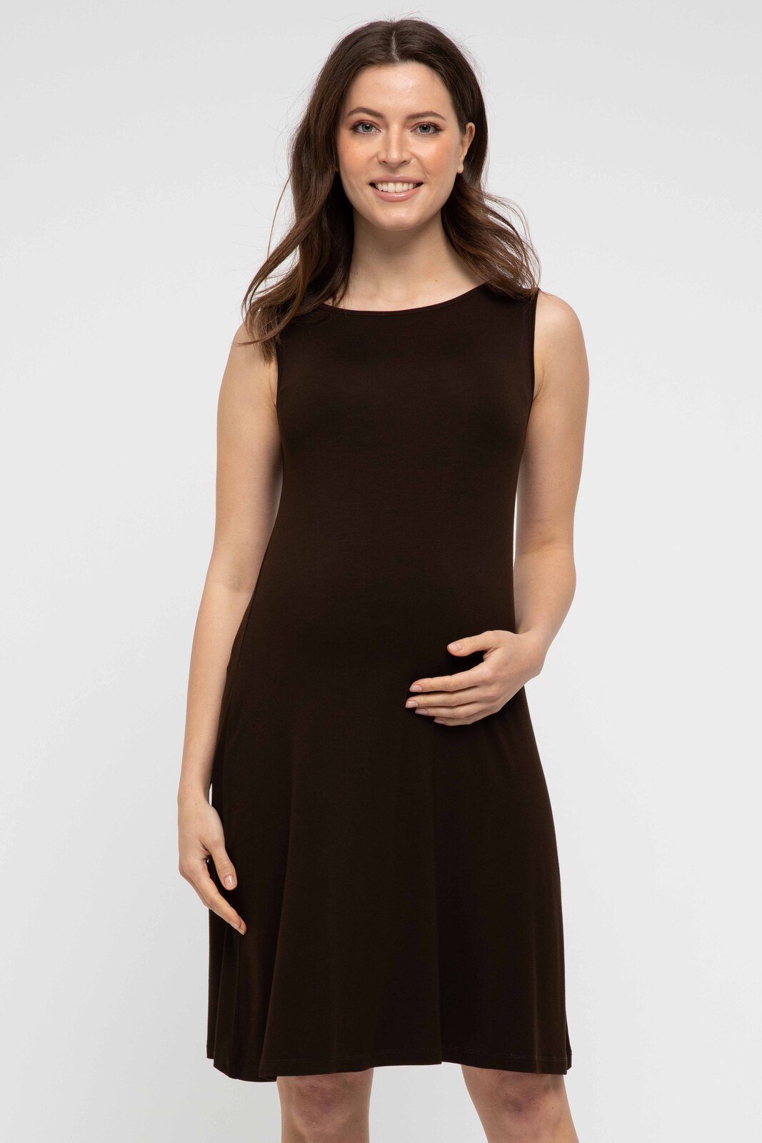 Bamboo maternity sleeveless dress in brown.