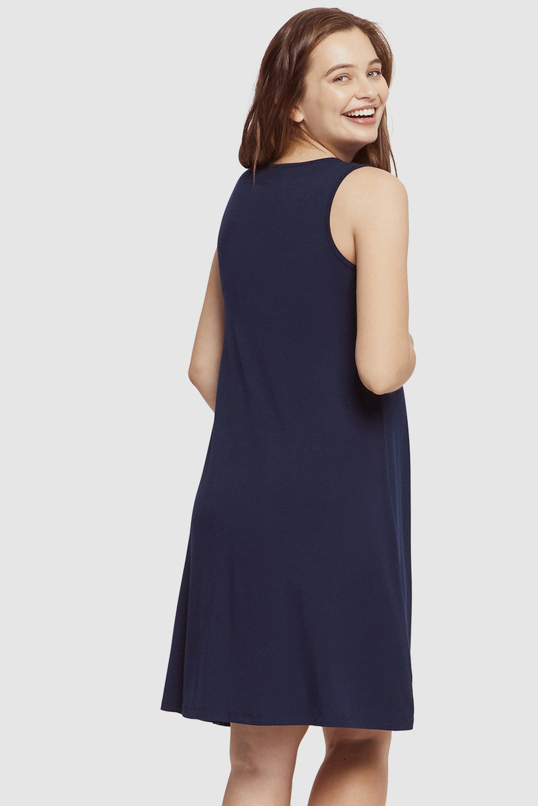 Navy maternity dress with high neckline and breathable fabric.