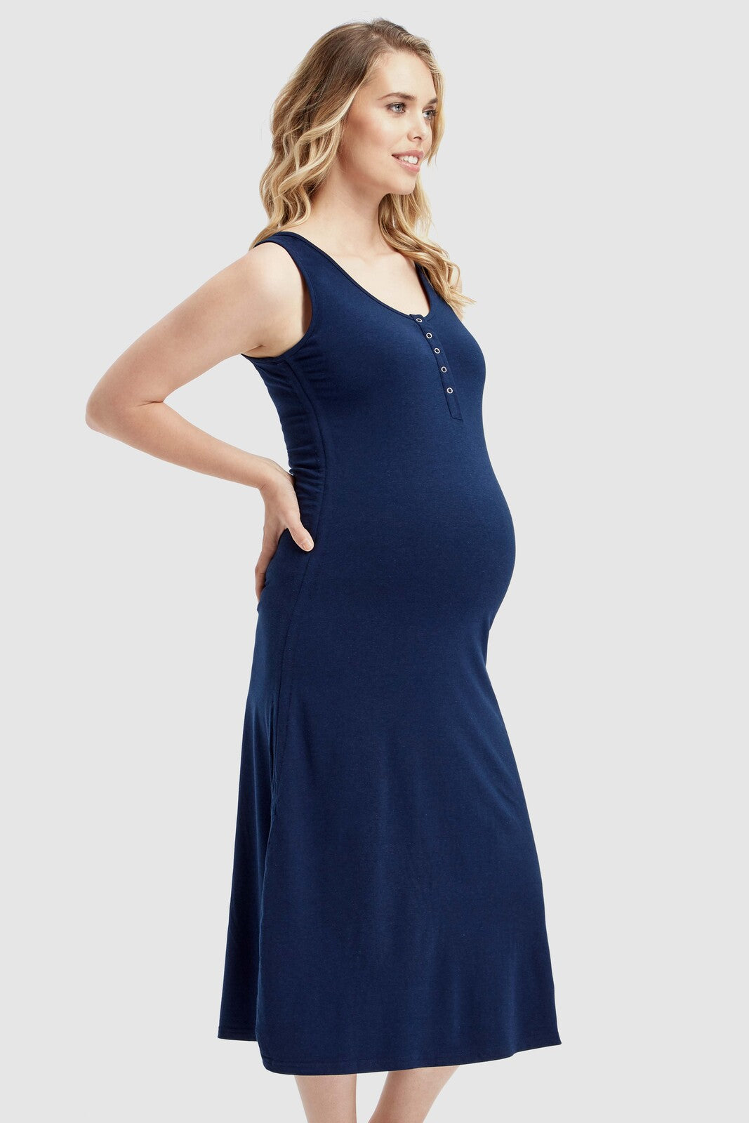 Side view of navy maternity dress