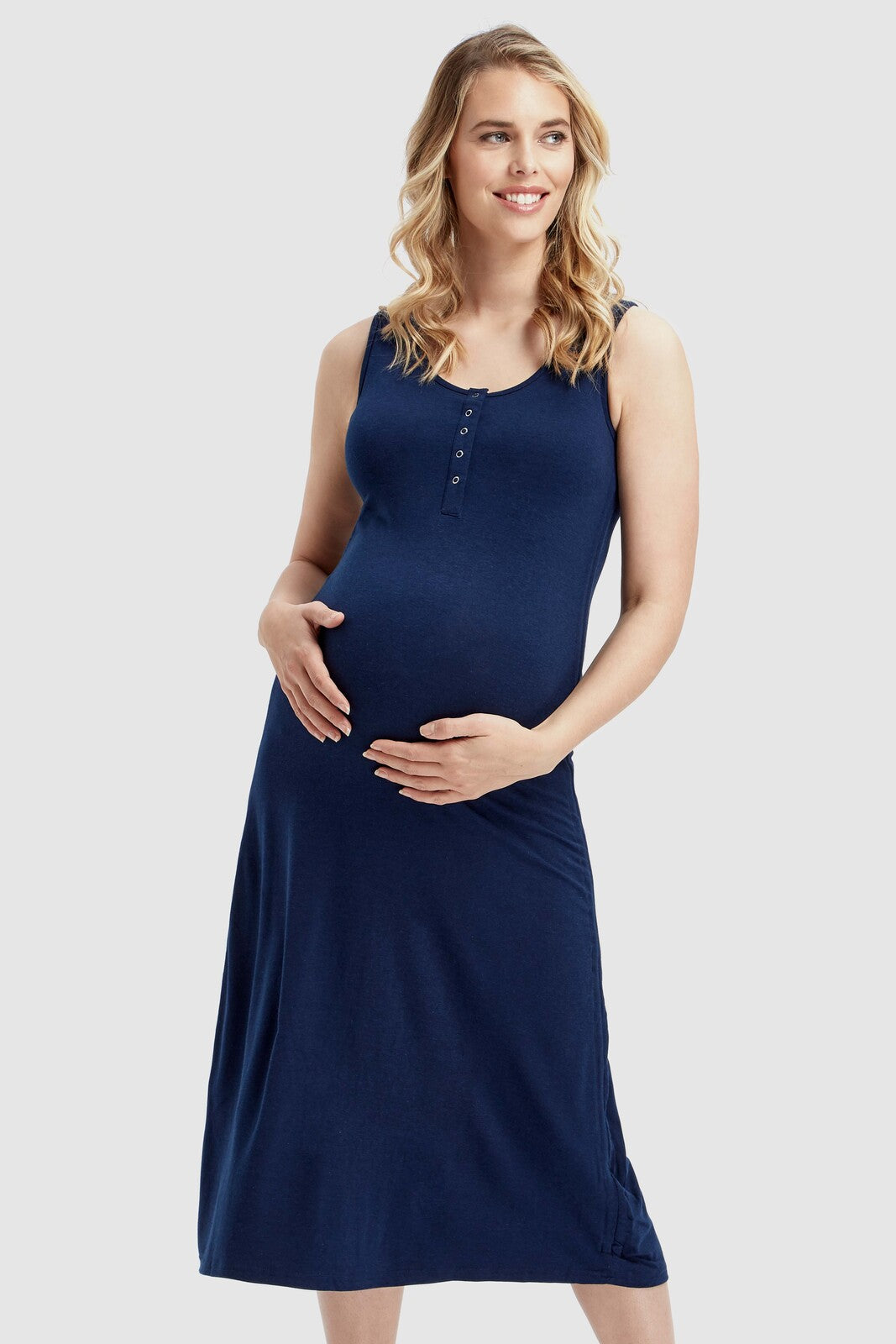 Versatile navy Henley maternity dress for casual or workwear