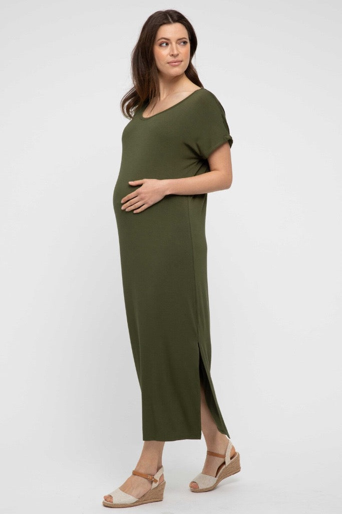 Side view of dark olive maternity maxi dress in stretchy and comfortable bamboo fabric