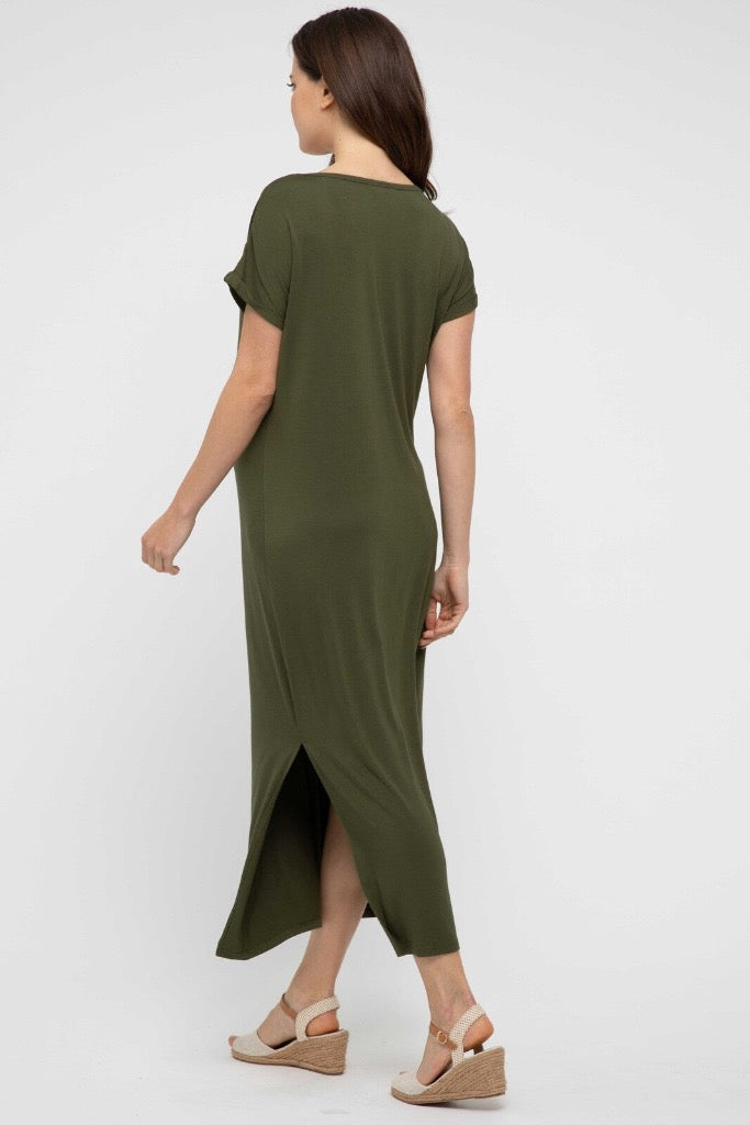 Back view of bump friendly maxi dress in dark olive.