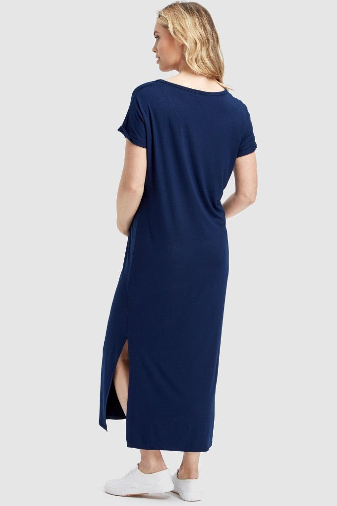 Back view of bamboo navy maternity maxi dress