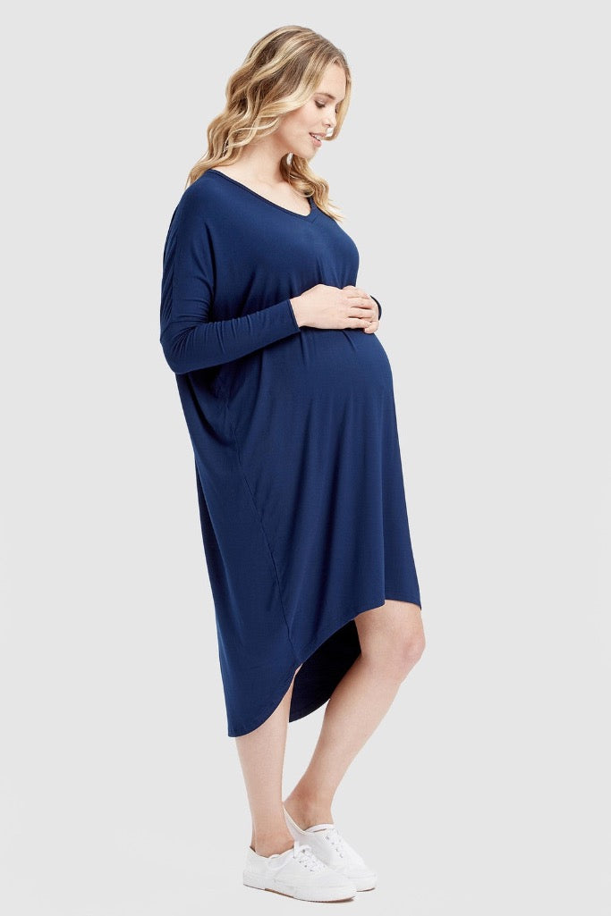 Navy oversized maternity dress made out of stretchy bamboo.
