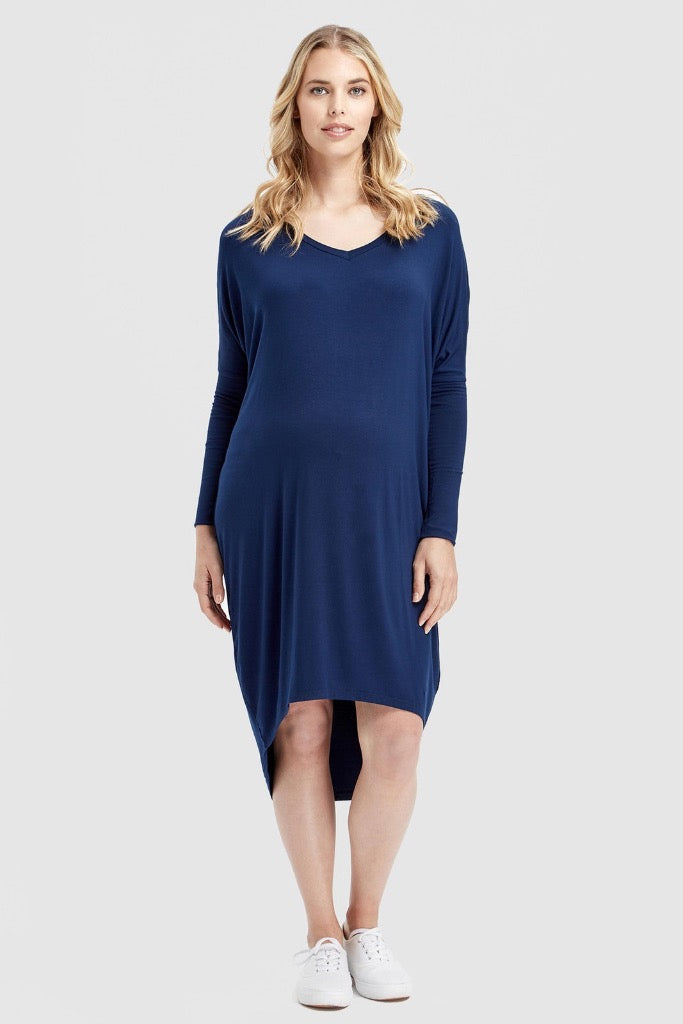 Comfortable navy maternity dress with relaxed fit.