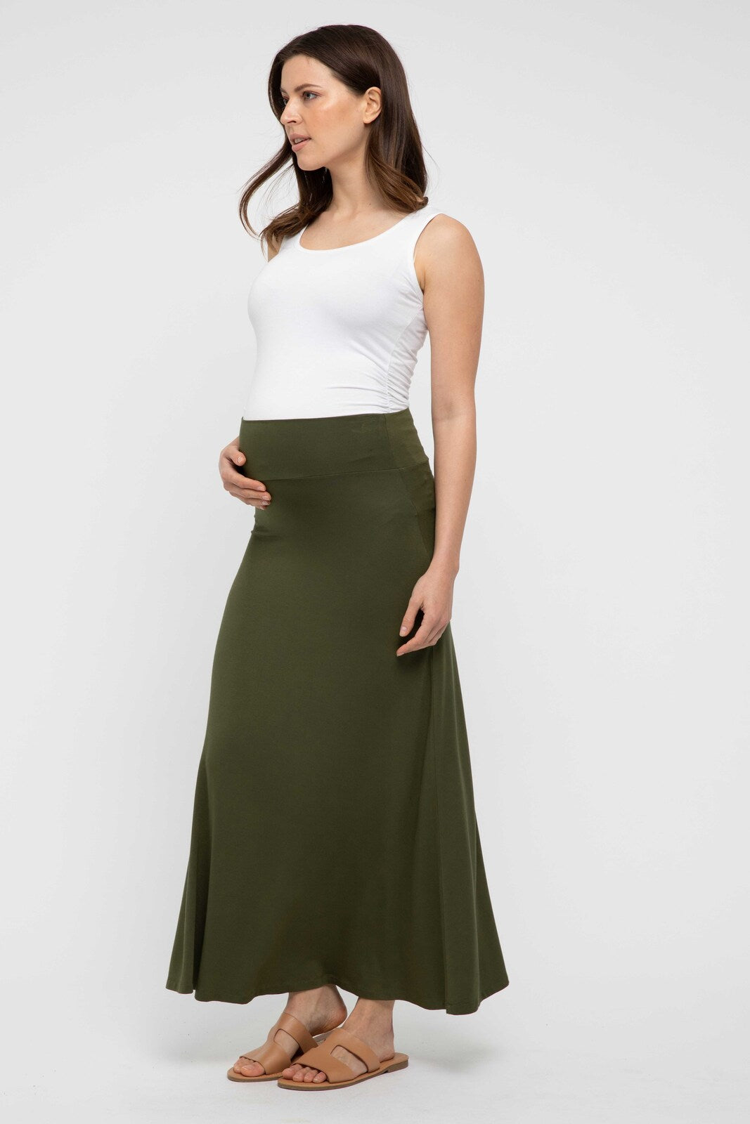 bump friendly maxi skirt made of bamboo fabric in dark olive colour