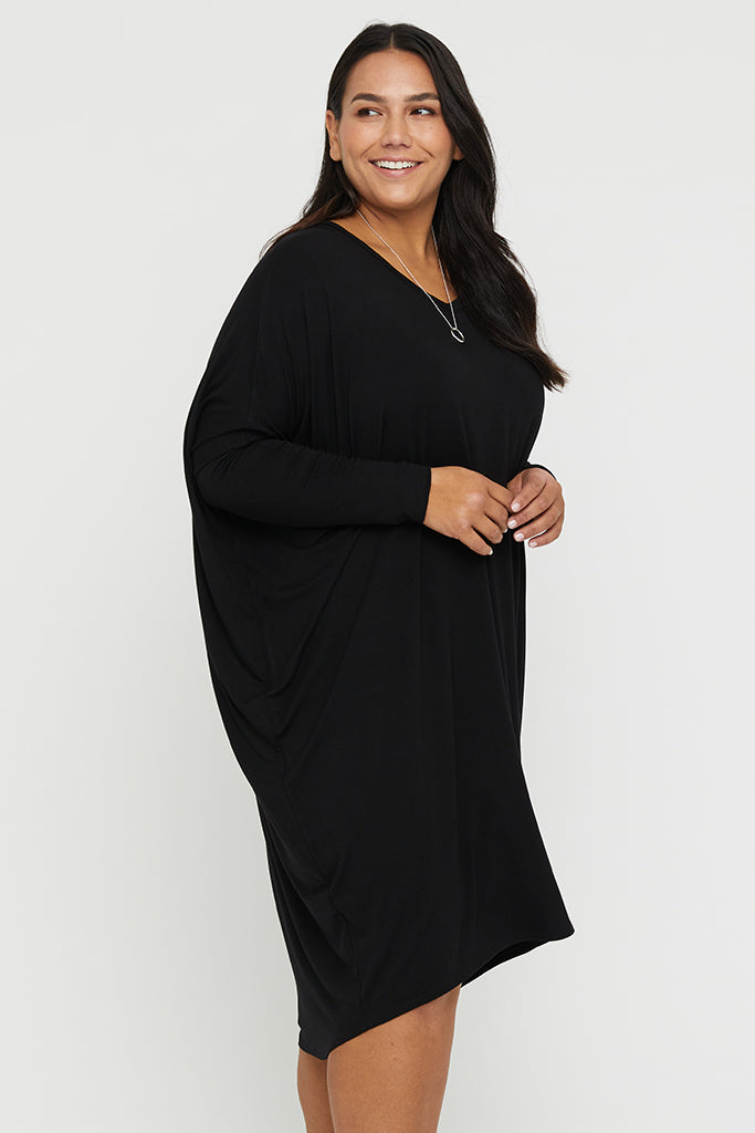 Plus size bamboo v neck dress with long sleeves.