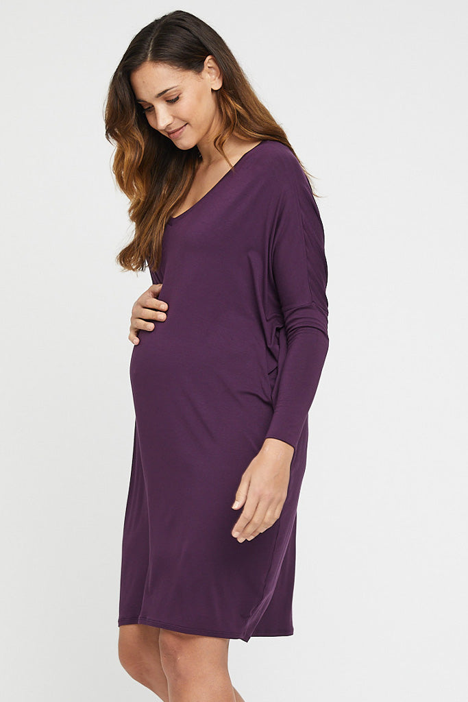 Bamboo maternity dress in plum with generous fit.