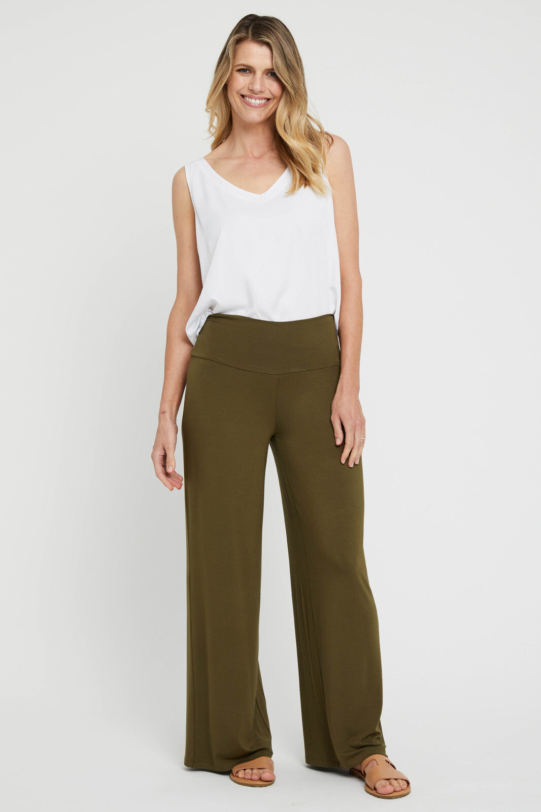 wide leg pants in dark olive colour with wide stretchy comfortable waistband