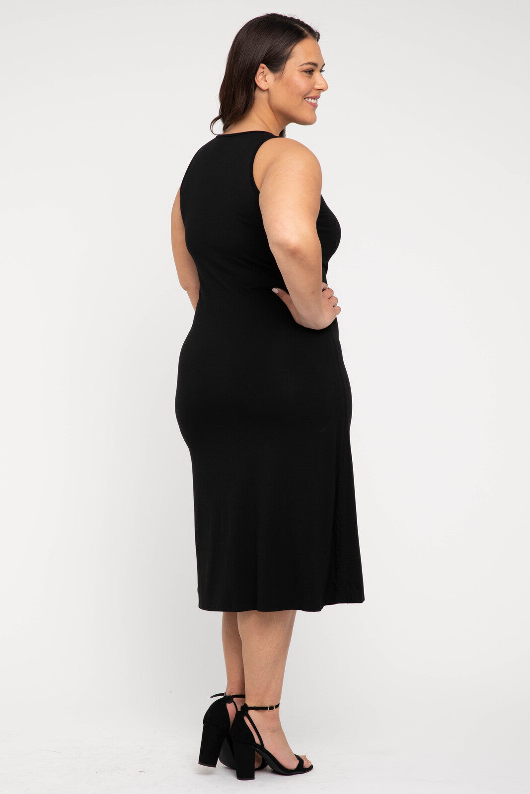 Back view of plus size dress in black made from eco friendly bamboo blend