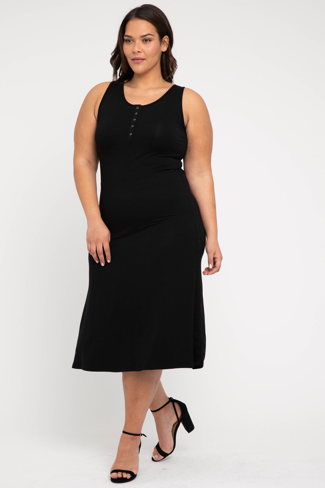 Black bamboo tank dress with Henley buttons – breathable casual and workwear style