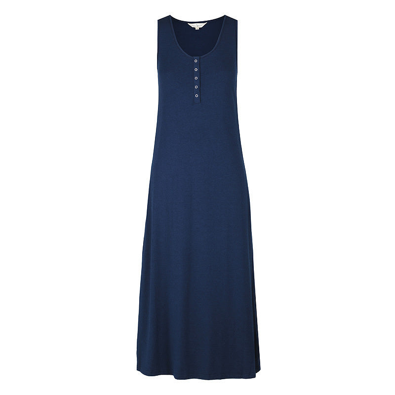 Invisible mannequin featuring navy henley tank dress, made out of stretchy and eco friendly bamboo