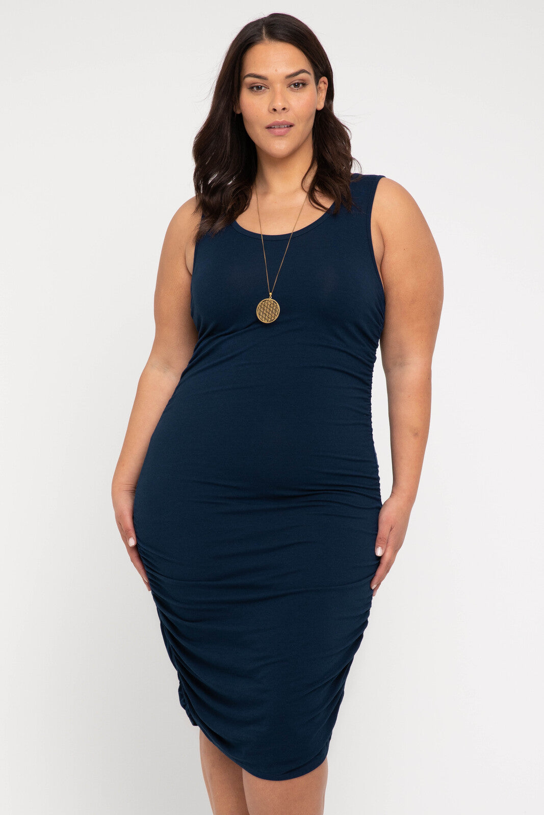 Breathable plus size bamboo tank dress featuring ruching detail for a stylish, figure-enhancing look.