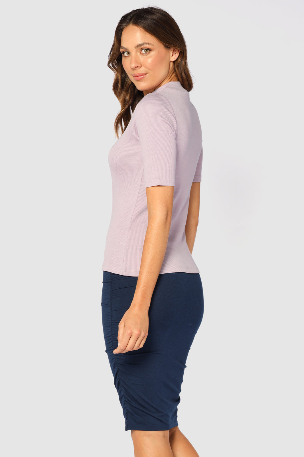 knee length ruched skirt made with bamboo fabric