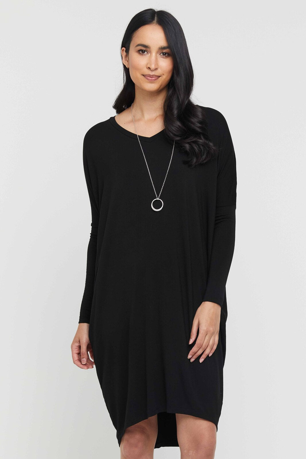 Comfortable black bamboo dress with relaxed fit.