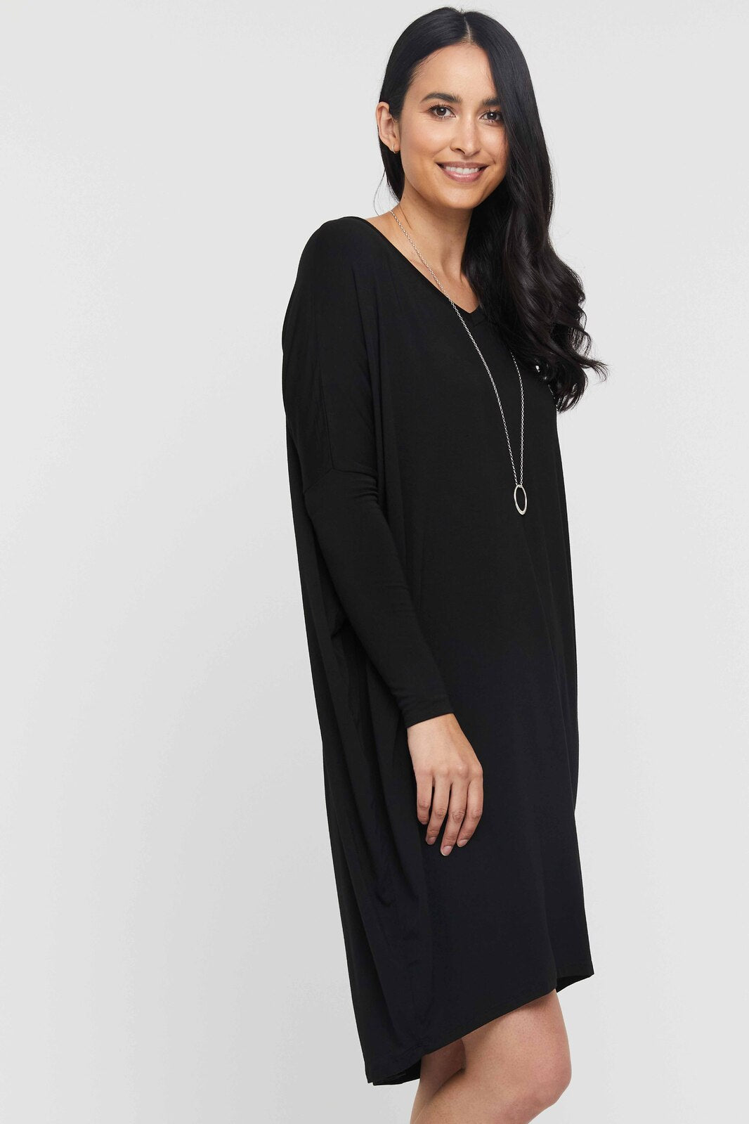 Sustainable black bamboo dress with a comfortable fit.