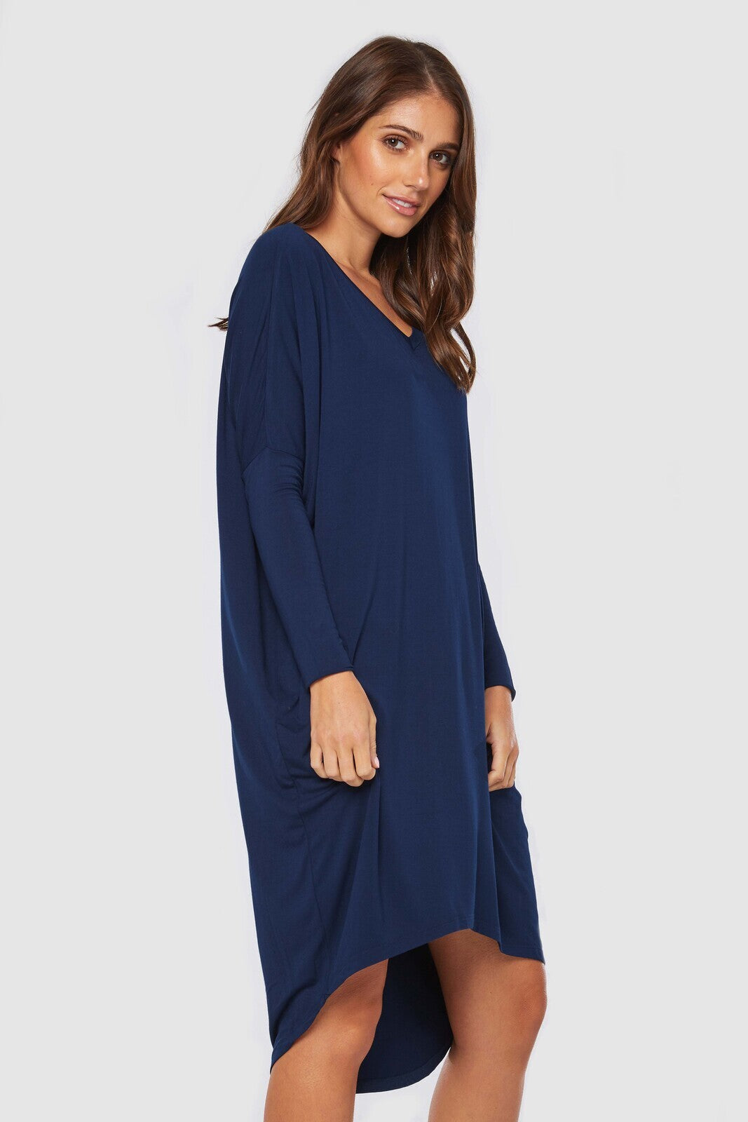 Relaxed navy bamboo dress with long sleeves.