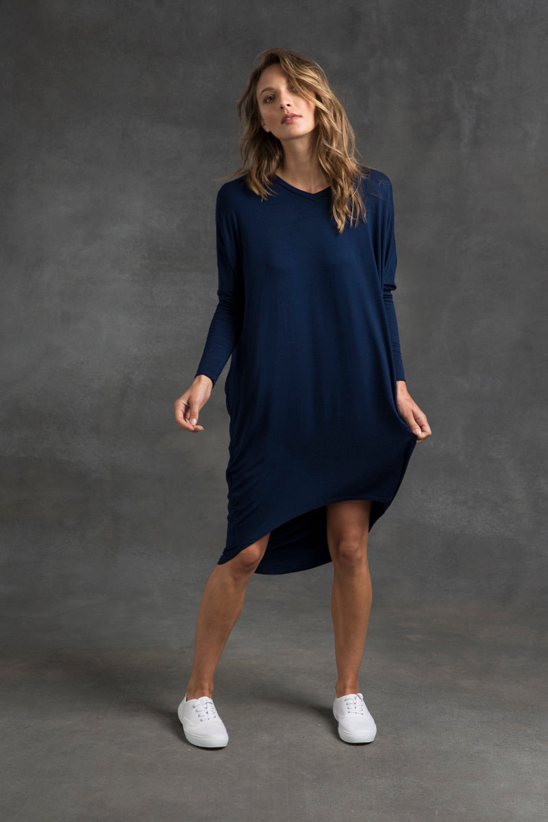 Lightweight navy dress crafted from sustainable bamboo, offering an oversized fit and long sleeves