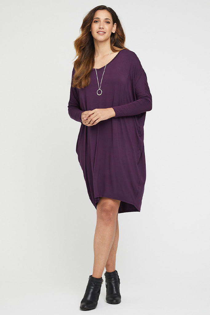 Purple bamboo dress with v neckline and long sleeves.