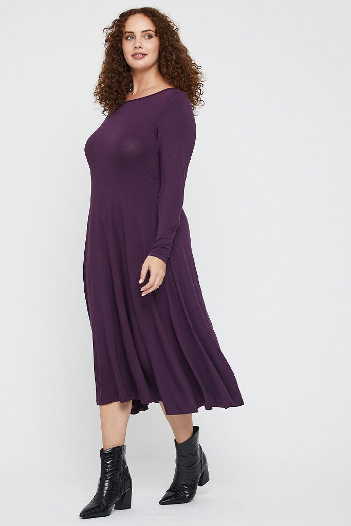 Versatile purple midi dress suitable for work, casual and special occasions.