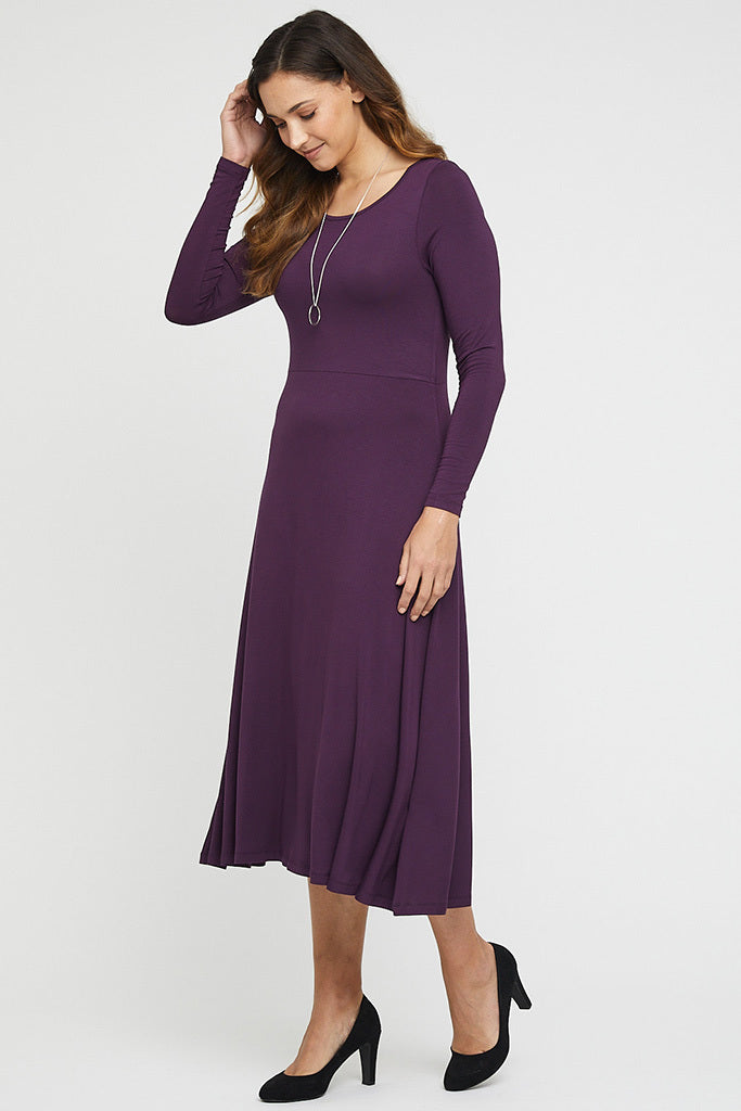 Sustainable women's midi dress in plum with fitted bodice and soft stretch fabric.