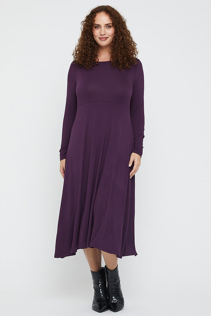 Stylish and comfortable Olivia Dress in plum shade, featuring breathable bamboo fabric.