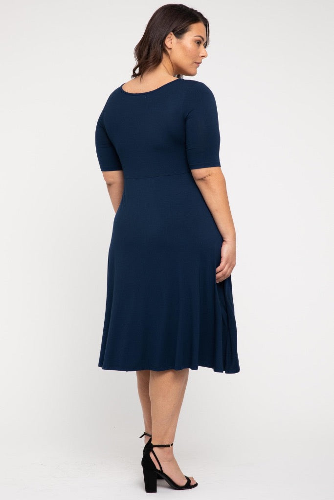 Back view of lightweight bamboo dress in navy.