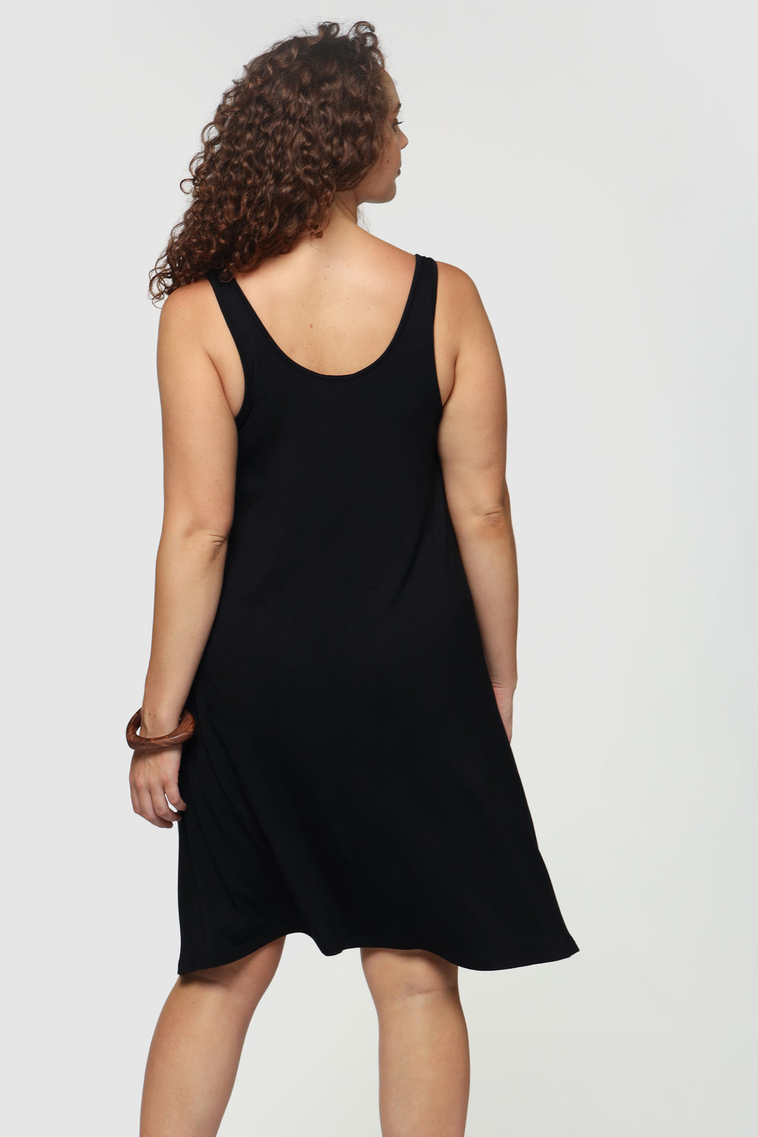 Back view of plus size black bamboo dress