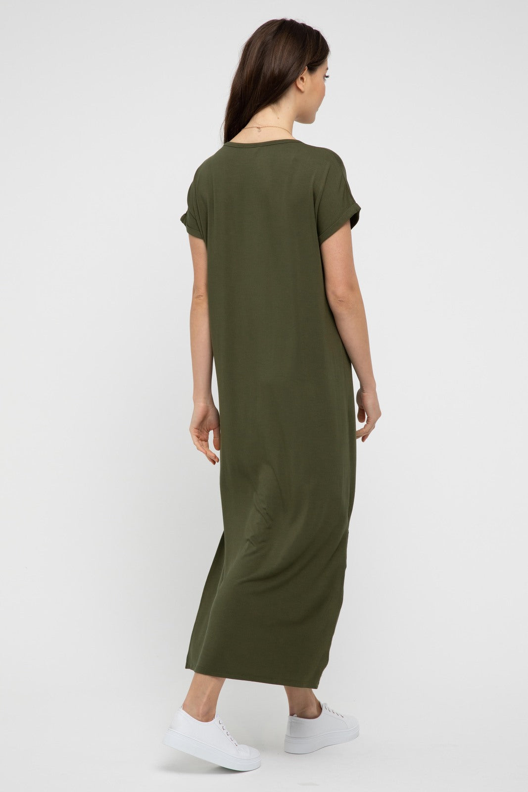 Back view of soft bamboo dress in dark olive – wrinkle-resistant, breathable, and lightweight.