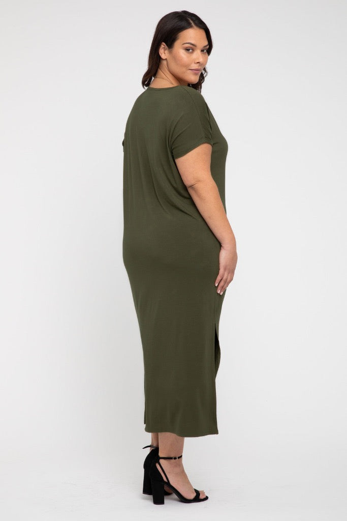 Dark olive bamboo dress with short sleeves and classic, versatile silhouette.