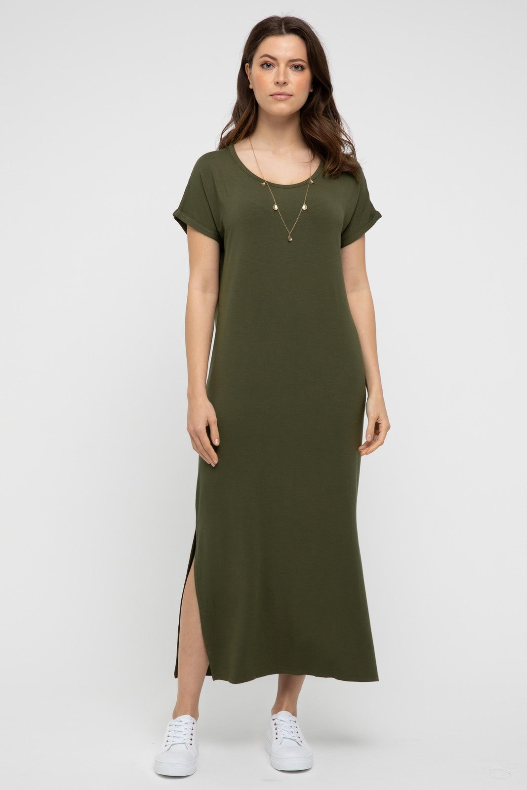 Soft bamboo casual dress in dark olive green – versatile for work or weekend wear.