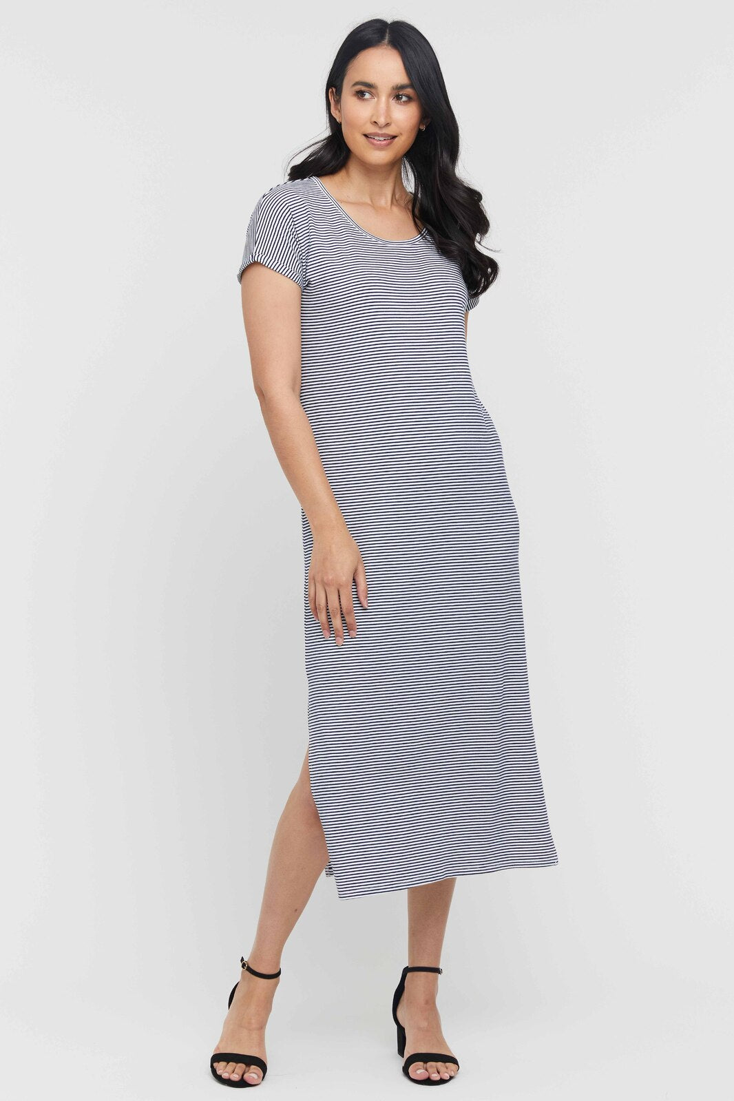 Bamboo oversized dress, thin navy stripe – lightweight, stretchy maxi with side splits