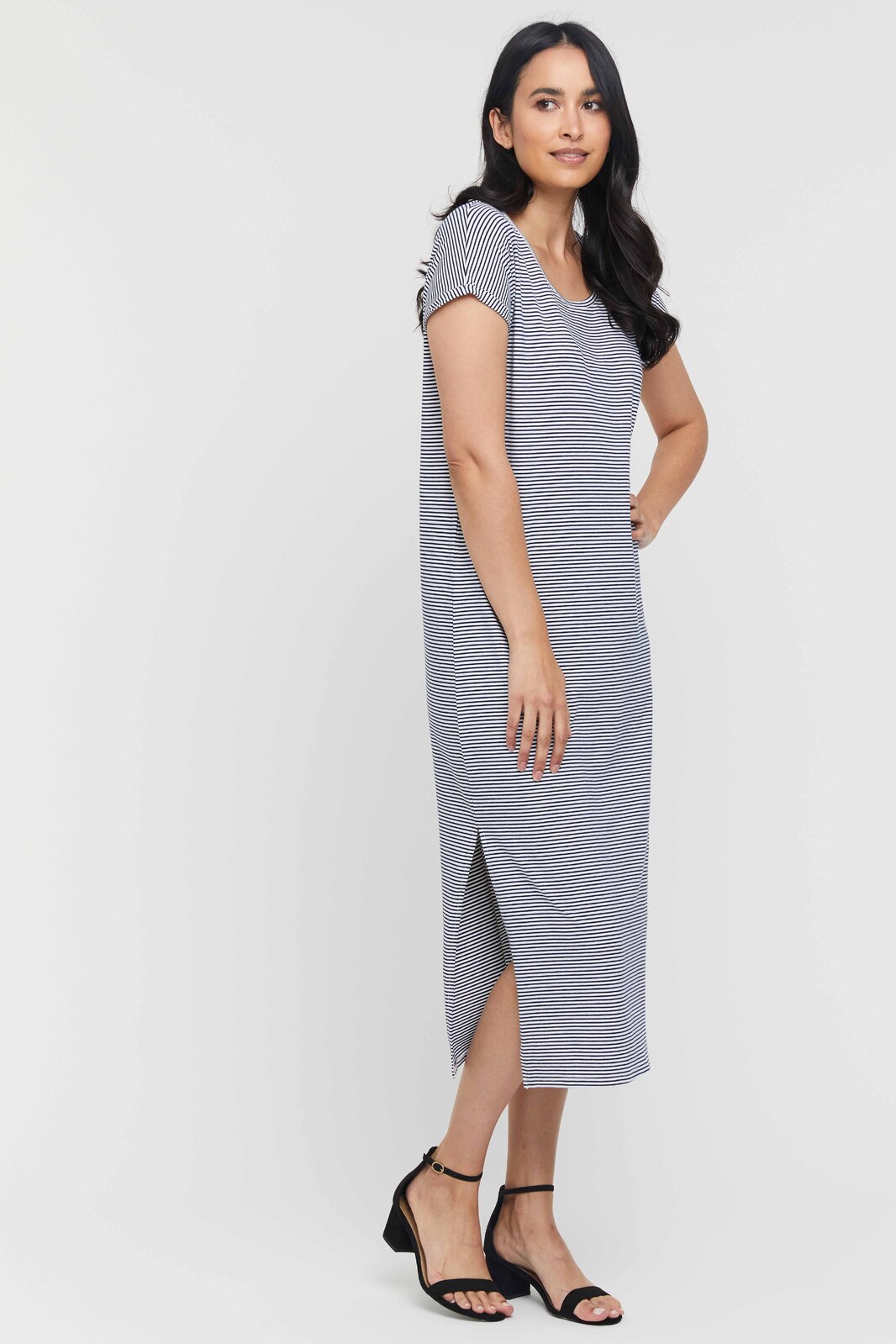 Eco-friendly striped maxi dress with side slits and roll-up sleeves