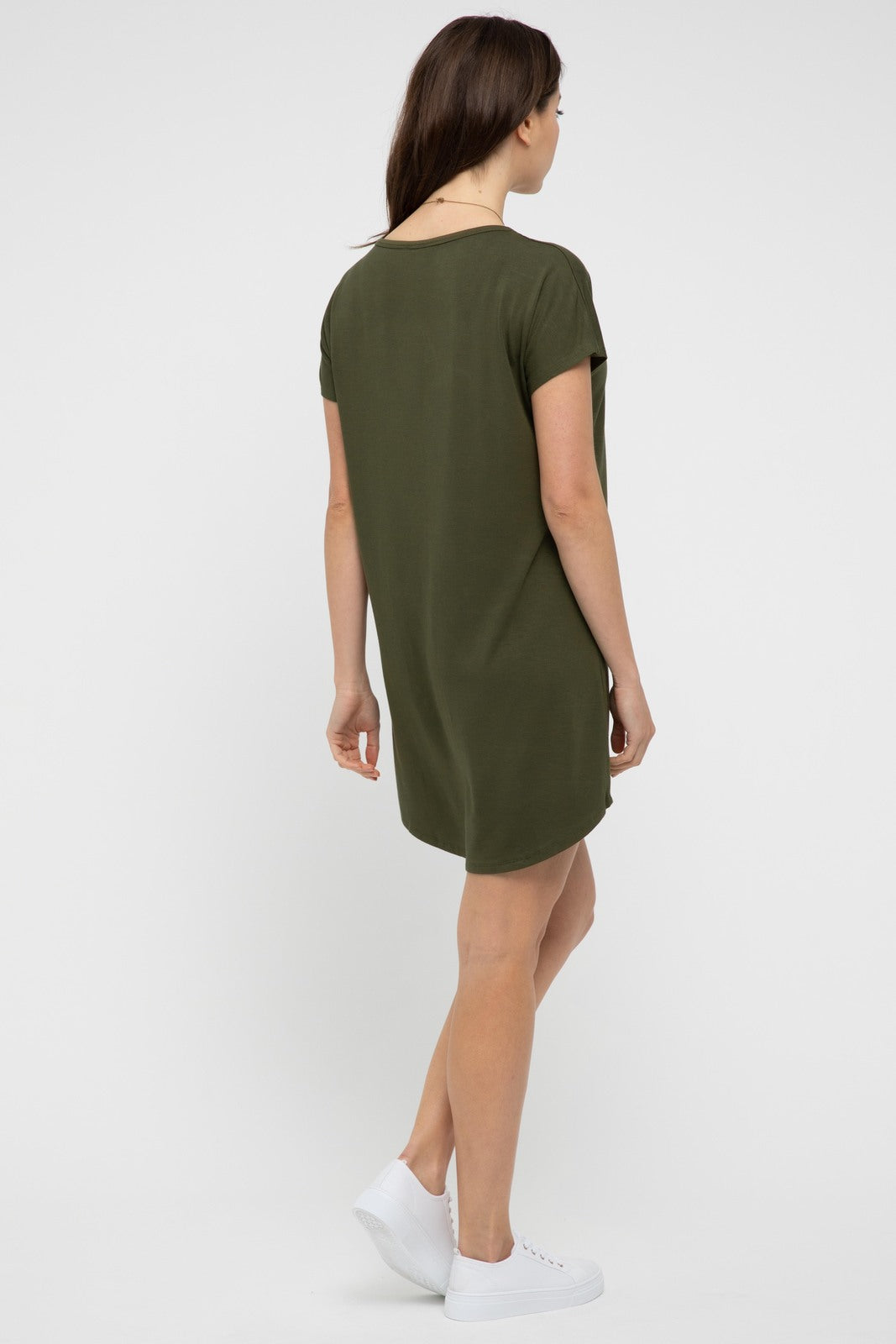 Back view of relaxed dark olive dress