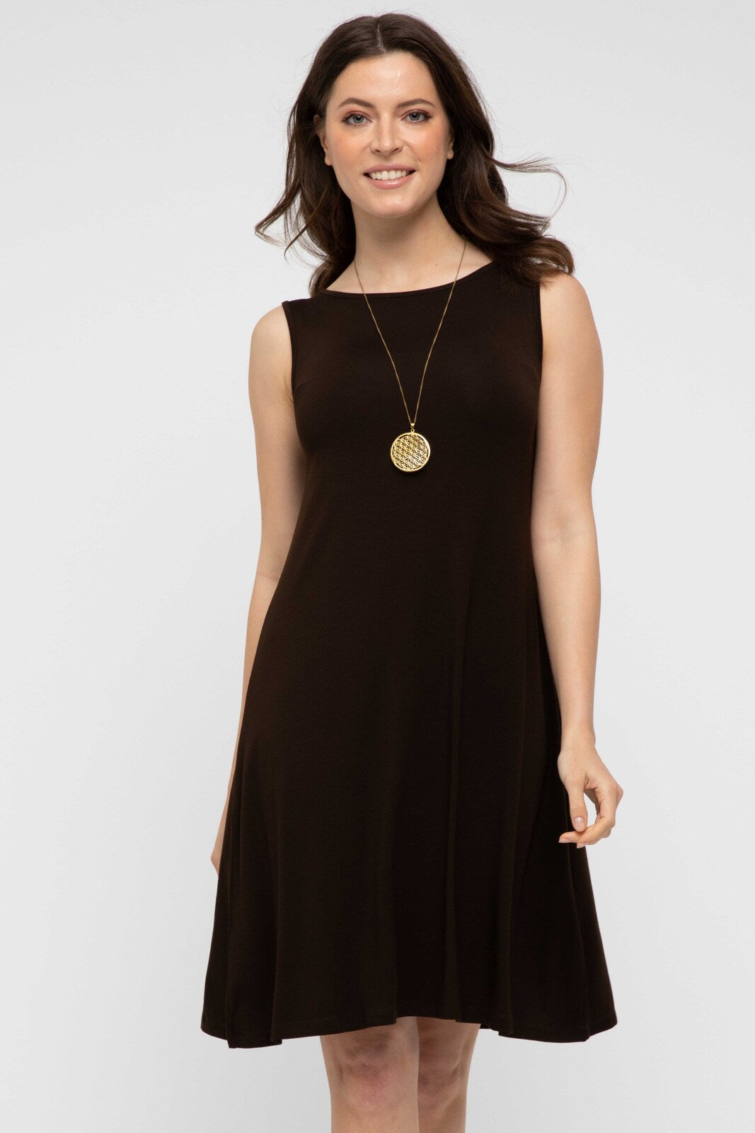 Brown knee-length dress made out of soft bamboo.
