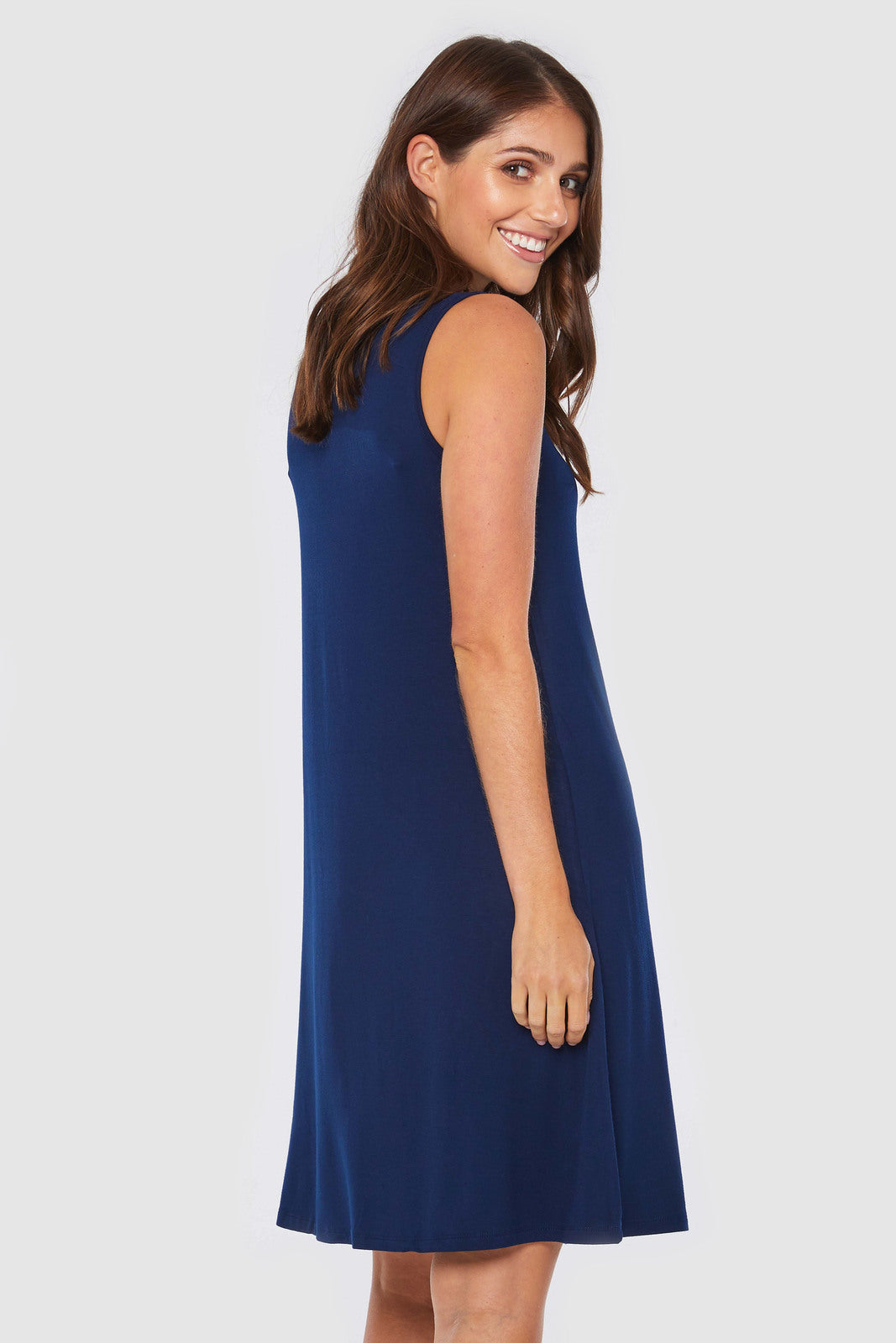 Navy bamboo dress with UPF 50+ sun protection.
