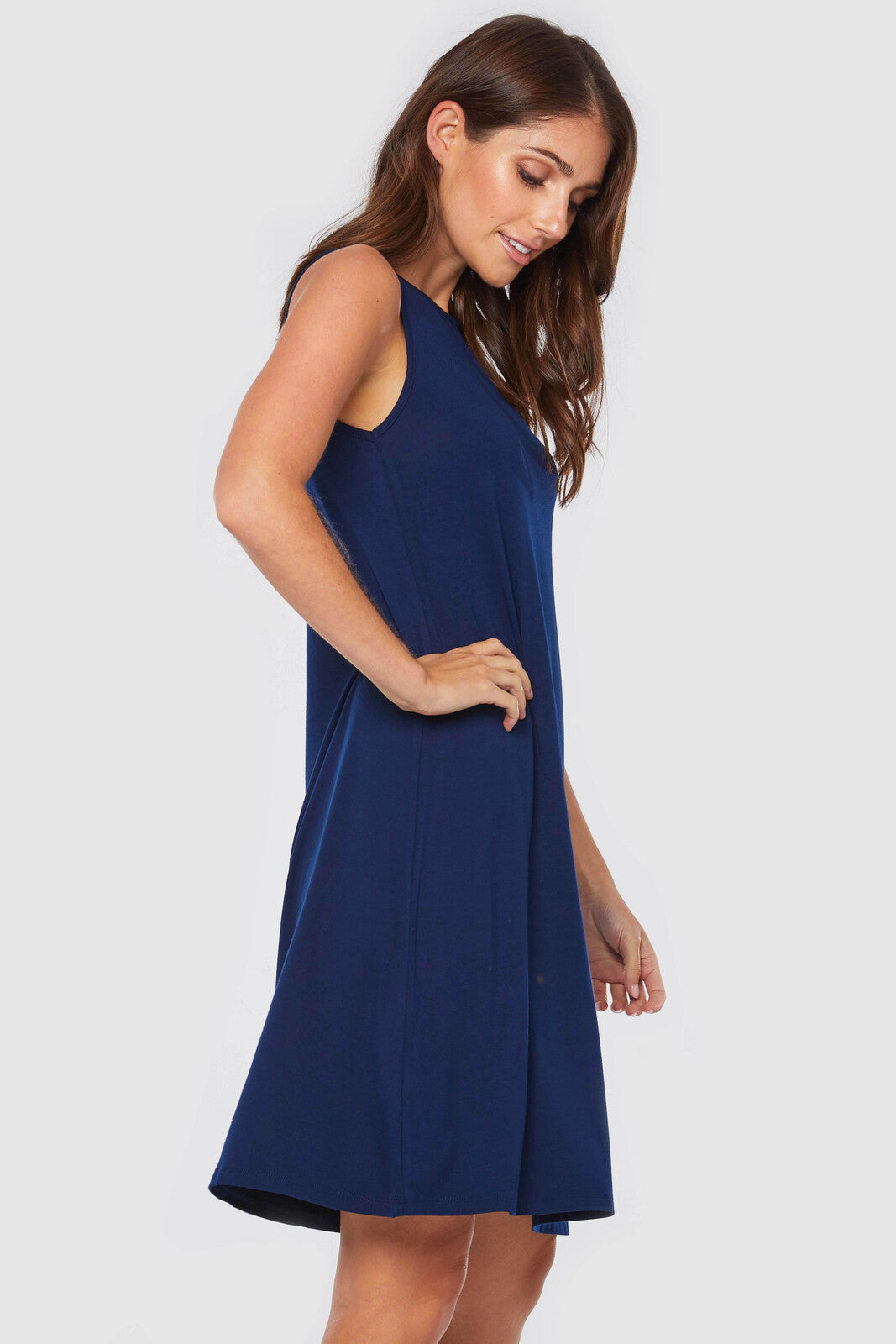 Soft and comfortable bamboo mini dress in navy.