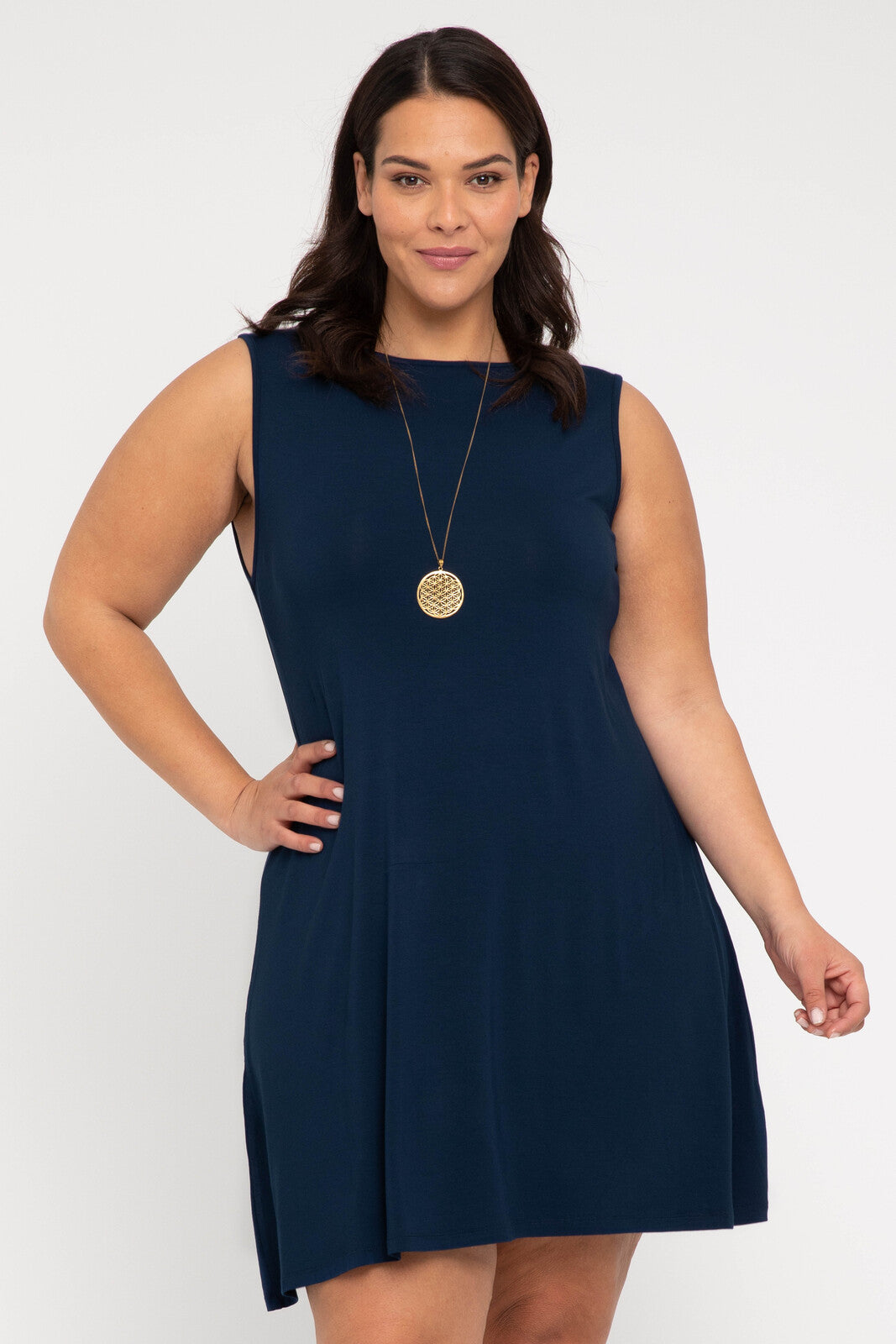 Plus size navy dress made out of stretchy bamboo.