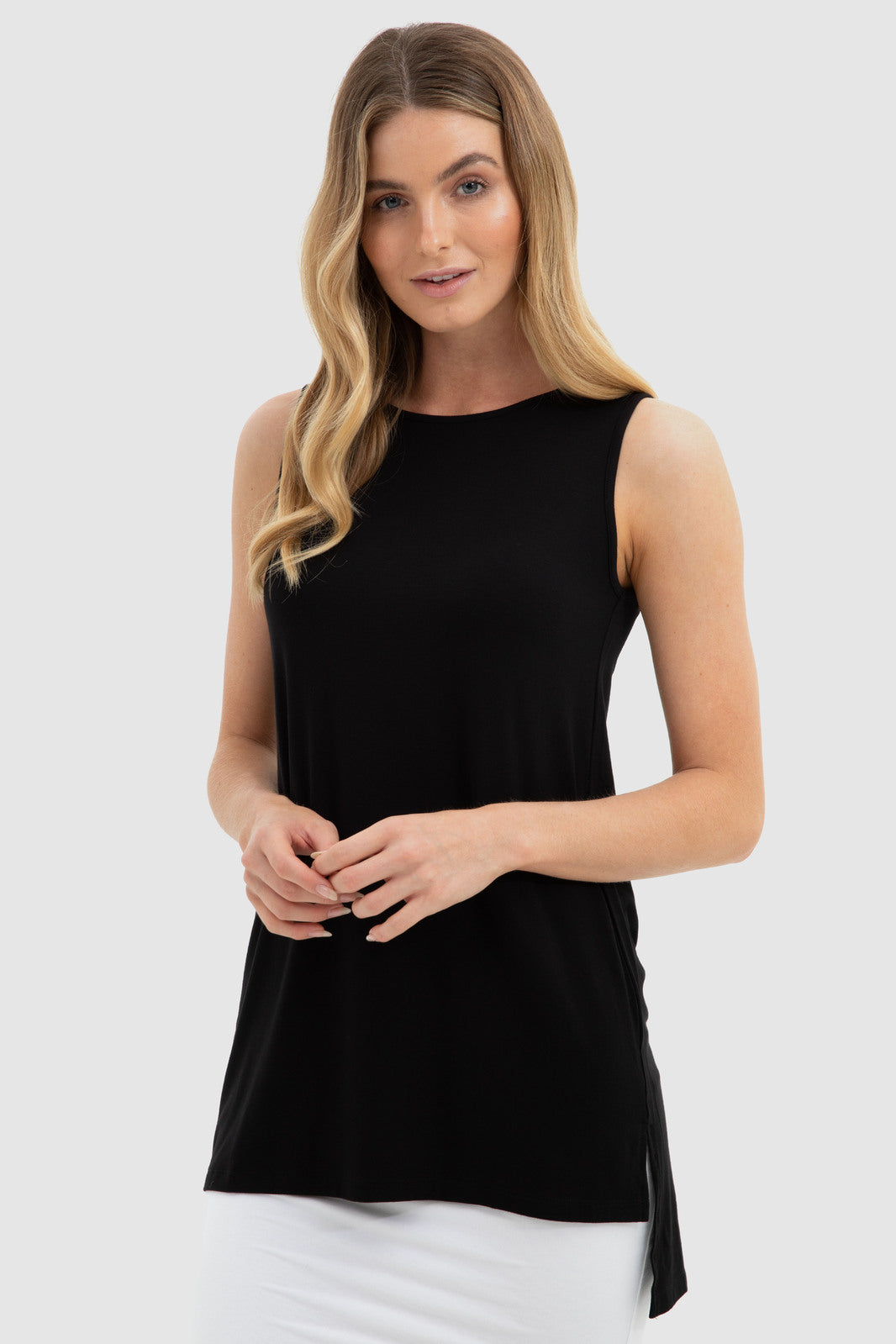 Long line black singlet with high neck and slight a-line shape.