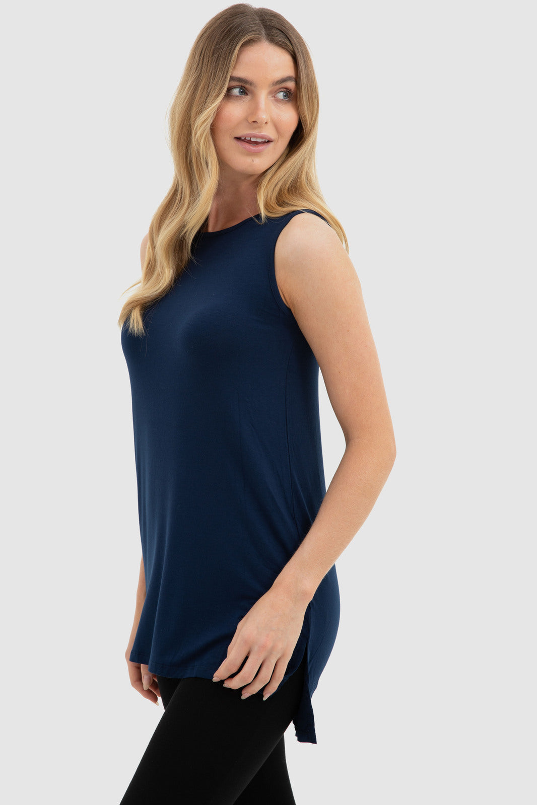 Navy blue relaxed fitted top with longer back hem.