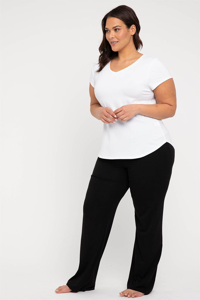 Plus size black pants with relaxed straight-leg cut and eco-conscious fabric