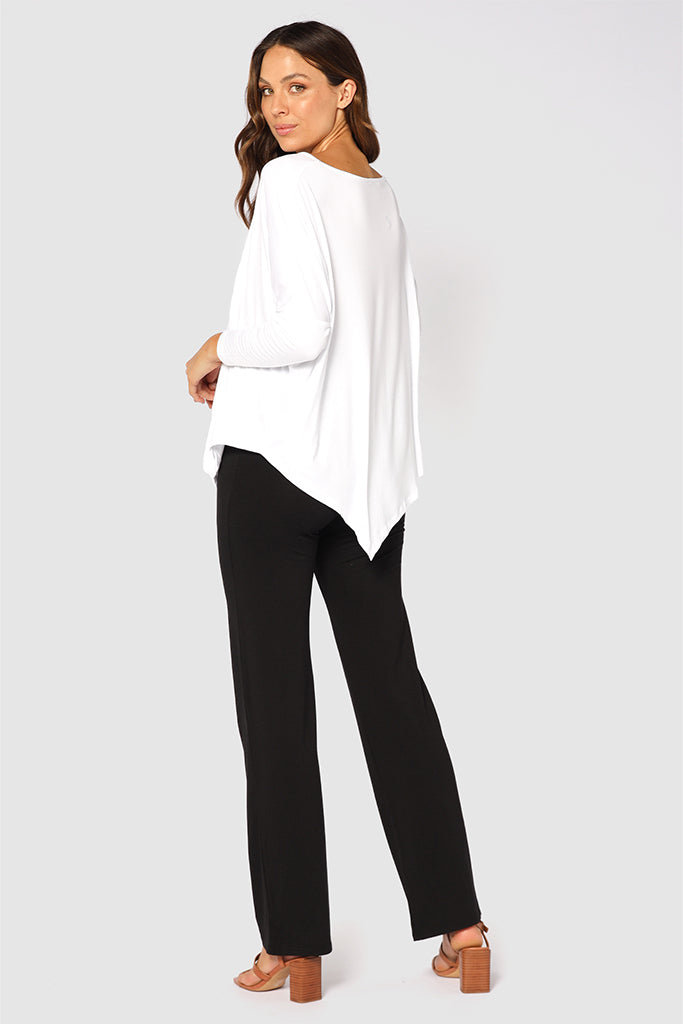 Back view of black bamboo pants showing relaxed tailoring