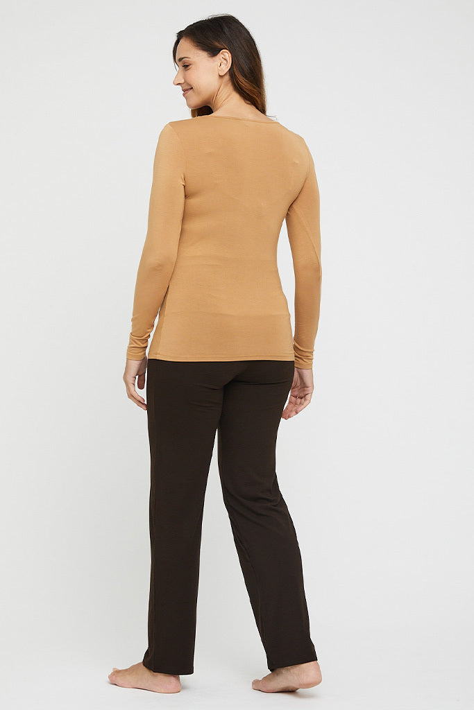 Rear view of bamboo pants in brown, finished with a smooth waistband and long legs