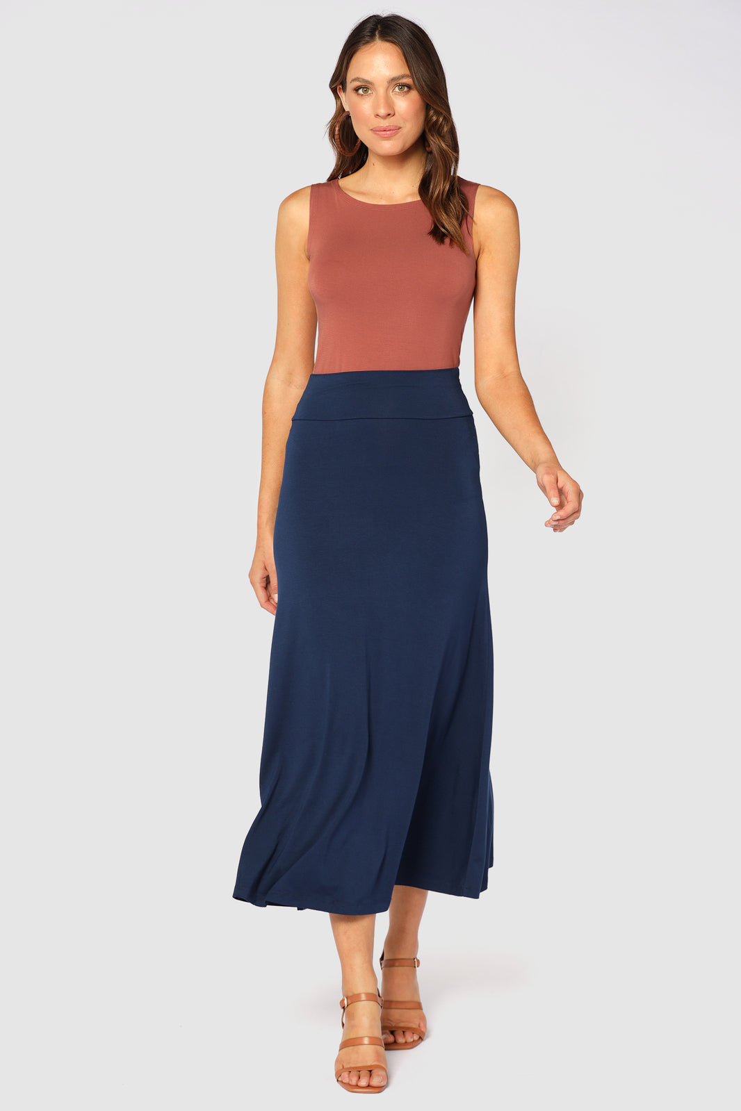 highwaisted long skirt with soft stretchy waistband