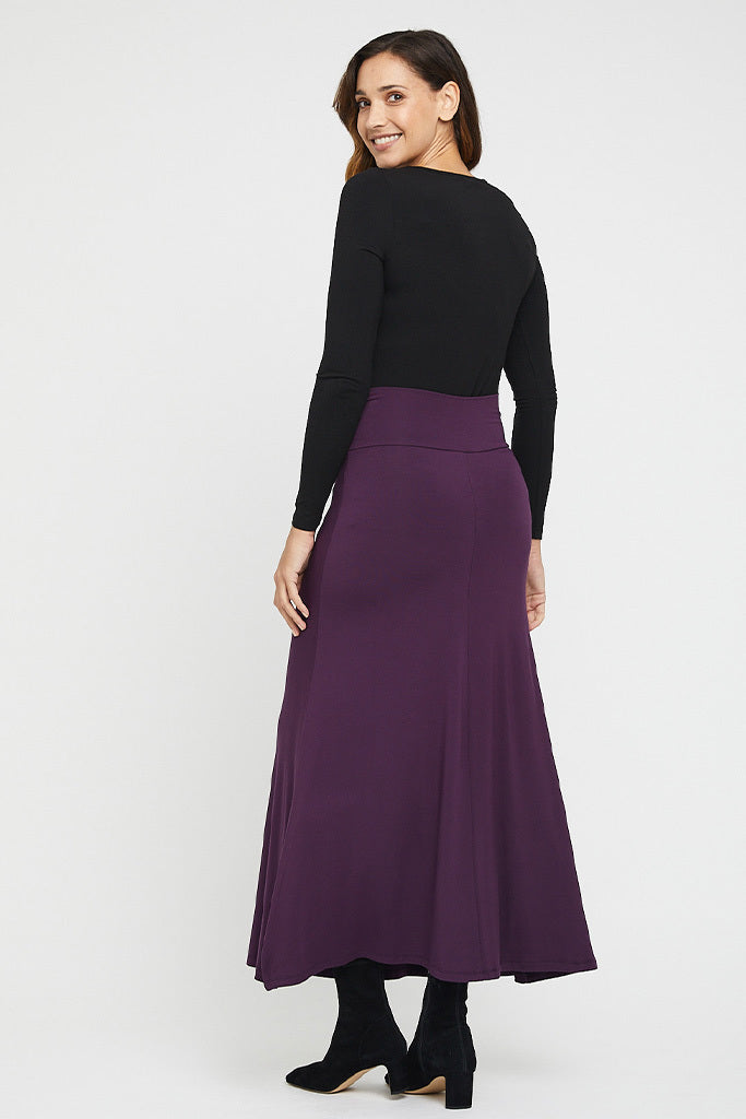 high waisted long skirt in plum colour