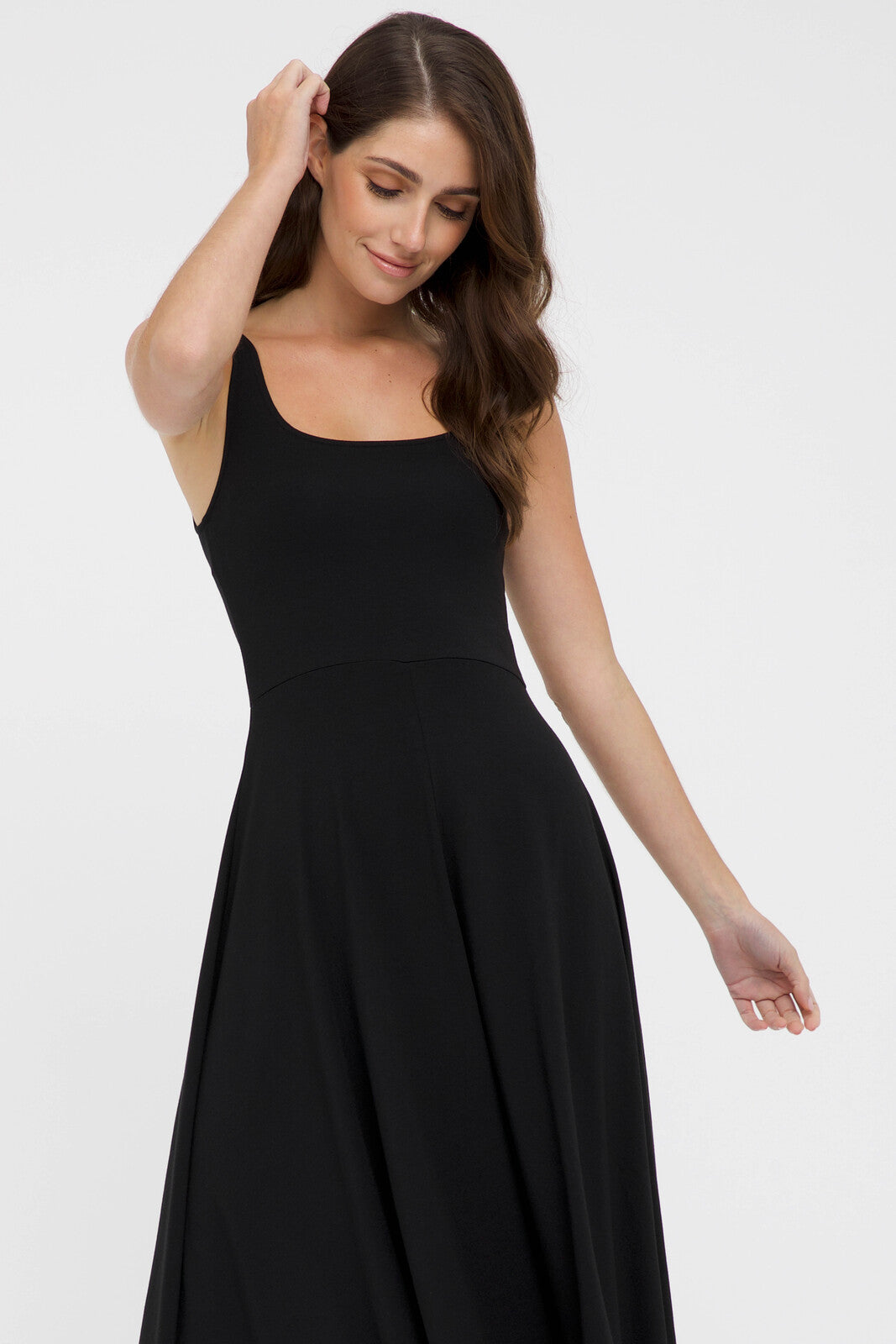 Black midi dress made out of stretchy bamboo fabric.