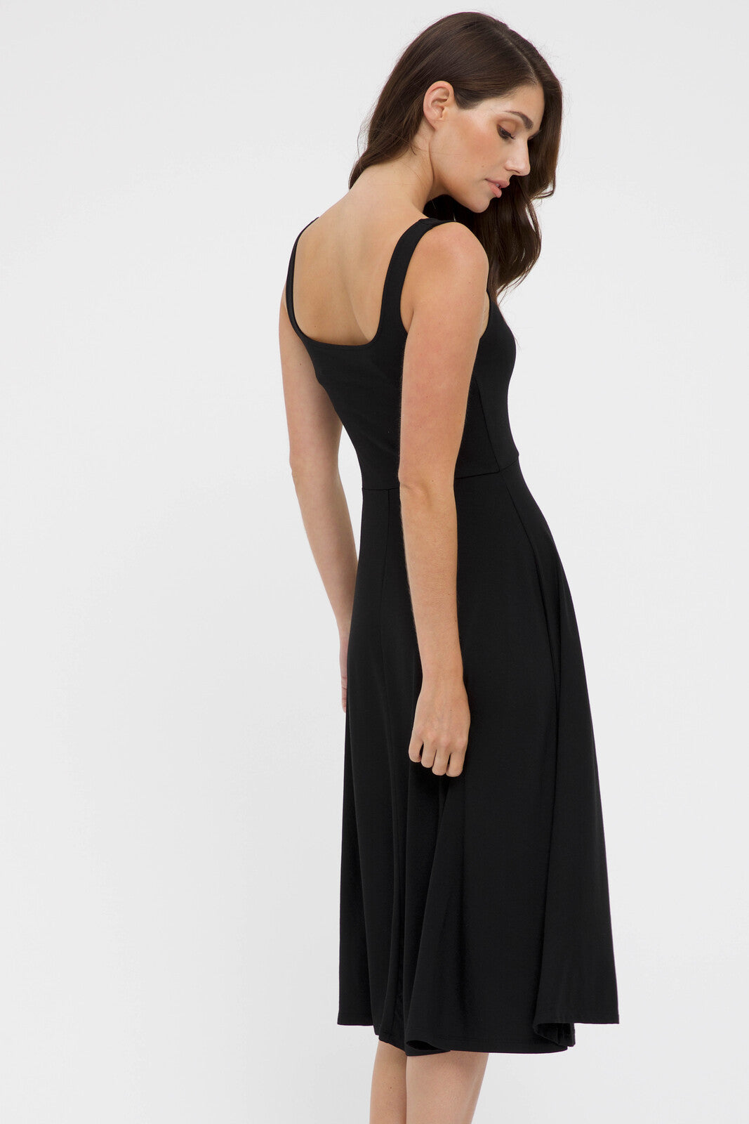 Back view of bamboo midi dress in black.