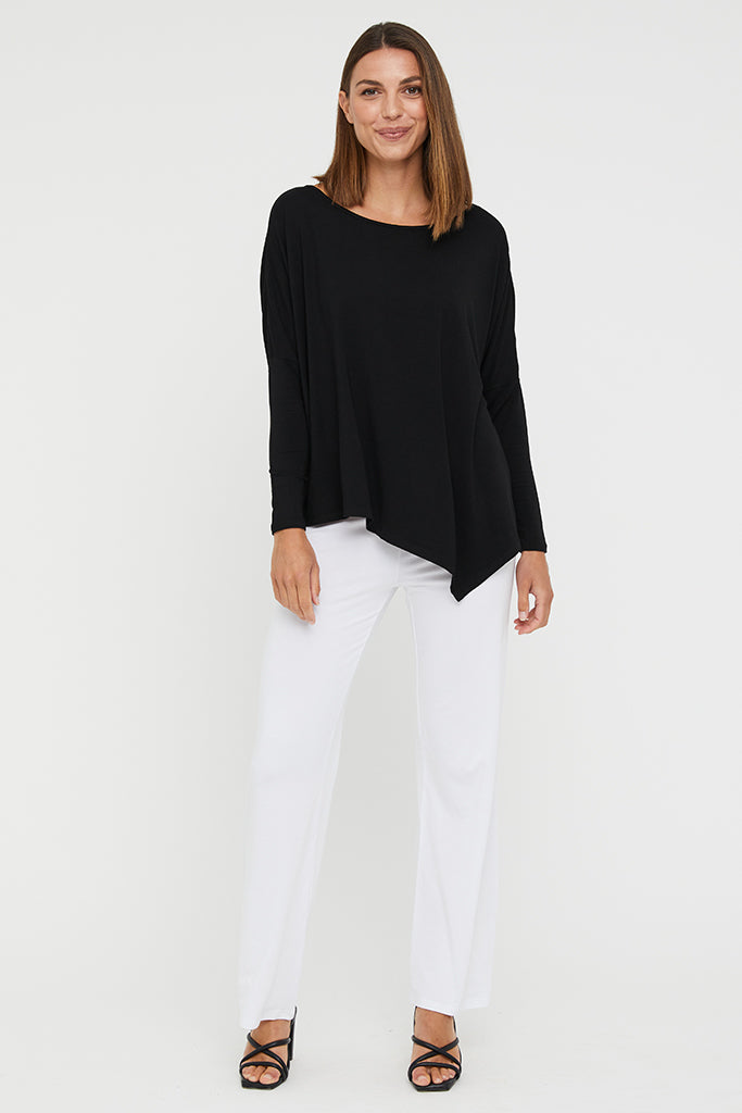 White bamboo pants with a relaxed leg and flattering high-rise fit