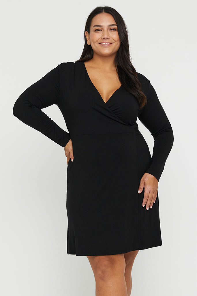 Versatile plus size black wrap dress made from bamboo – perfect for work or evening