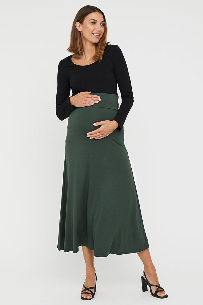 long maternity skirt with stretchy waist in dark green colour